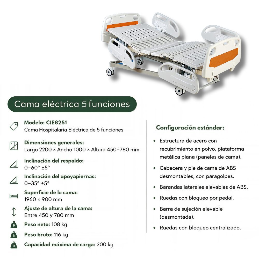 Cama Hospitalaria Eléctrica 5 Funciones CIE8251 IALLO - Imagen 2